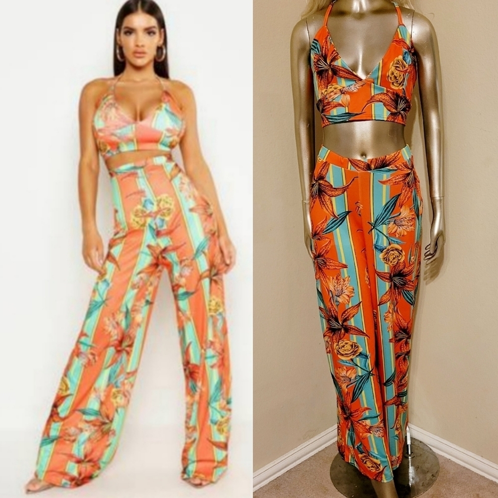 NWOT TROPICAL ORANGE FLORAL STRIPE TROUSER AND BRALETT SET